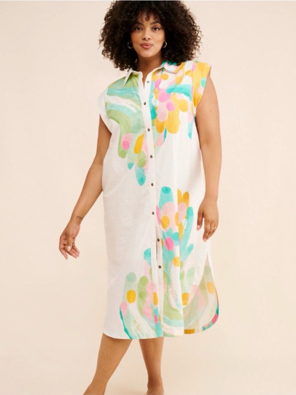 Maeve White Midi Shirt Dress with Pastel Yellow, Pink and Teal Print
